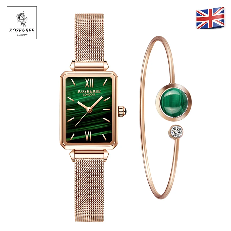 1 Set Bracelet & watch Genuine Leather Strap Green Malachite Japan Quartz Lady First Layer Cowhide Belt Rose Gold Women Watches