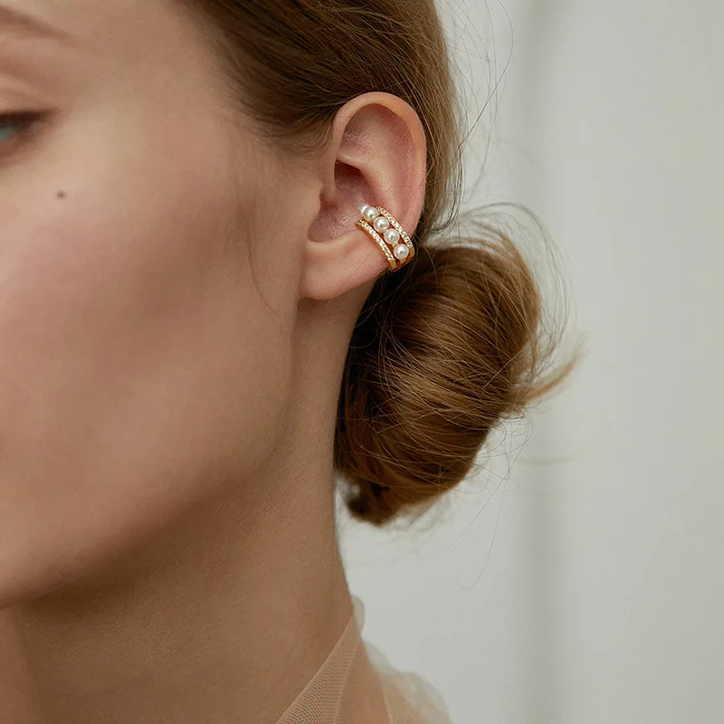 LIVVY Retro Without Pierced Multi-layer Circle Imitation Pearl Ear Clip Earrings Zircon Temperament Light Luxury Romantic  Gift