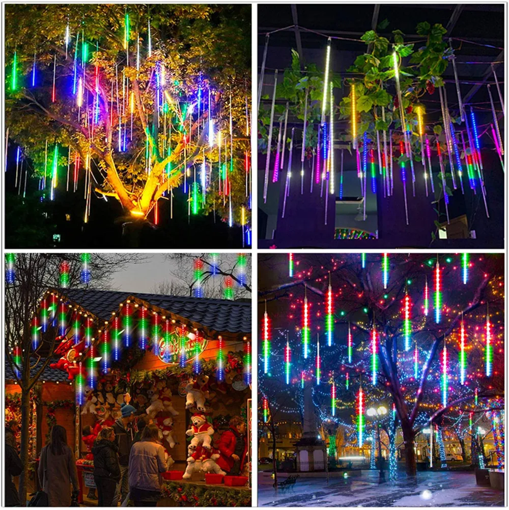 30cm 8 tubos à prova dwaterproof água chuva de meteoros branco quente rgbled luzes da corda ao ar livre decoração natal para casa árvore ue/eua plug