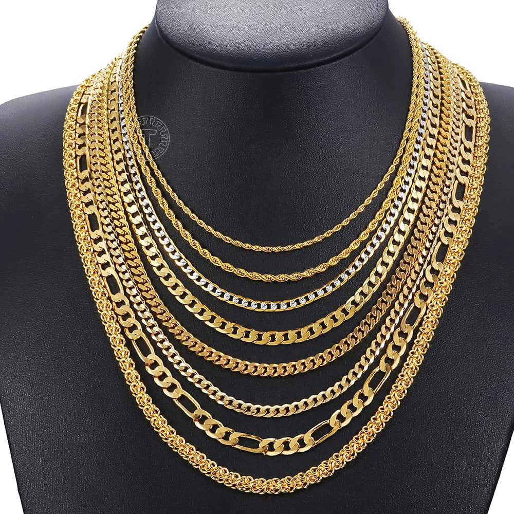 Mens Womens Necklace Chain Gold Color Figaro Hammered Snake Curb Necklaces for Women Men Fashion Jewelry 2 3 4 5 6mm LGNN2