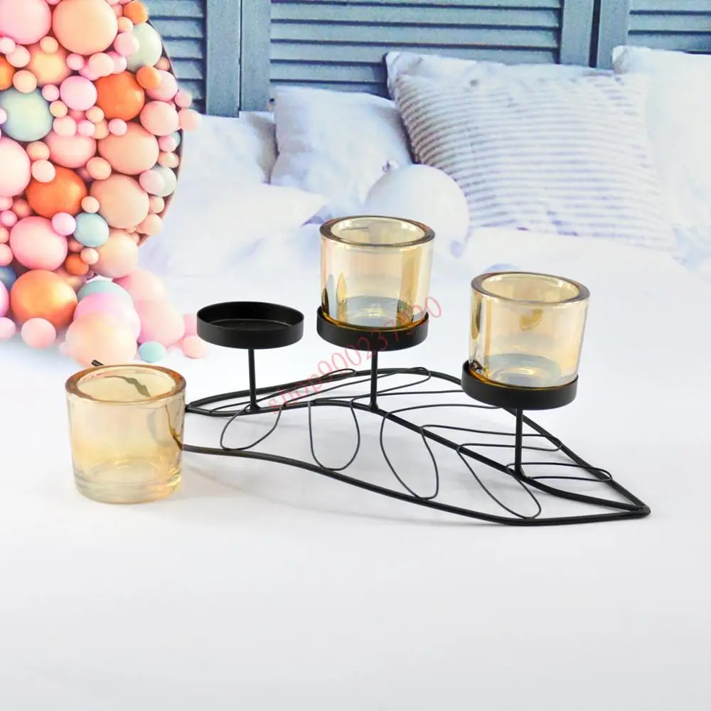 

European style creativity iron art leaf three head Candlestick home living room table decoration