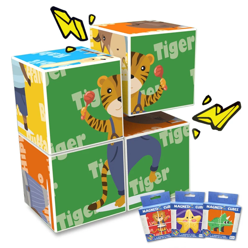 Children Magnetic 3D Cube Puzzles Toy Animal Dinosaur Education Games Six-sided Blocks Jigsaw Intelligence Thinking Learning Toy