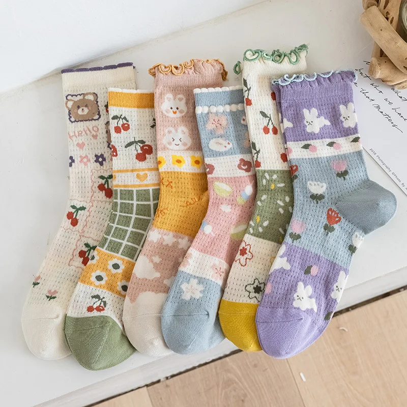 Cartoon Women Girls Middle Tube Socks Fungus Lace Breathable Mesh Socks Spring Summer Fashion Casual Female Elastic Cotton Socks