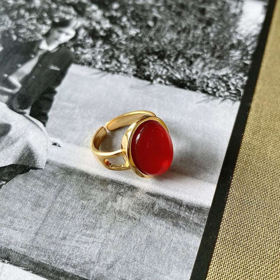 18K Gold Plated 100% Authentic 925 sterling silver Big Red Agate Oval Stone Rings Adjust Fine Jewelry Women's elegant  C-J1348