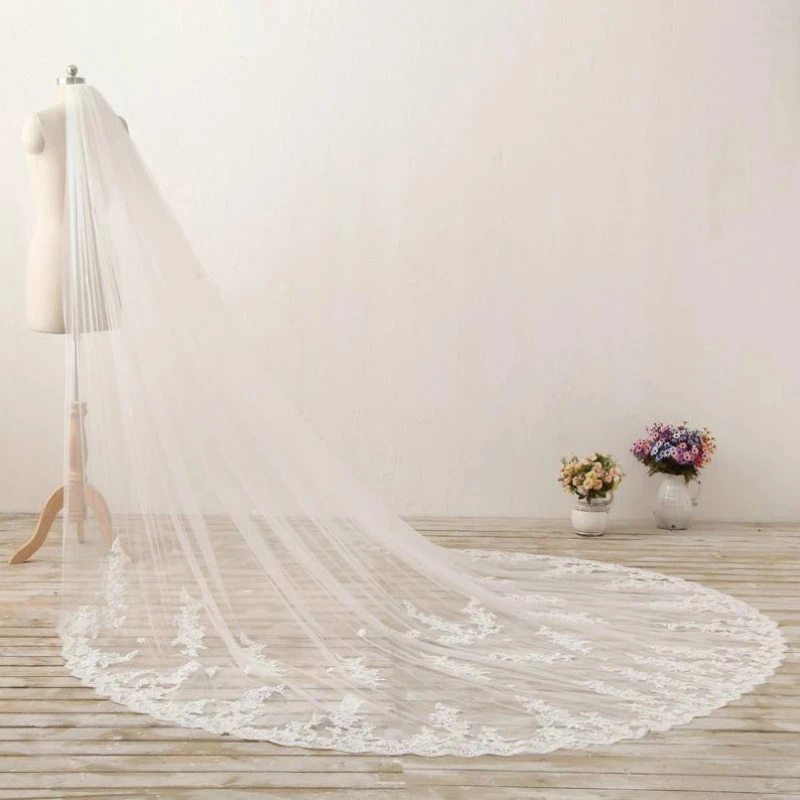 Velo da sposa bianco avorio lunghezza cattedrale veli da sposa morbido Tulle bordo in pizzo accessorio da sposa con pettine WED Veil Veu De Noiva