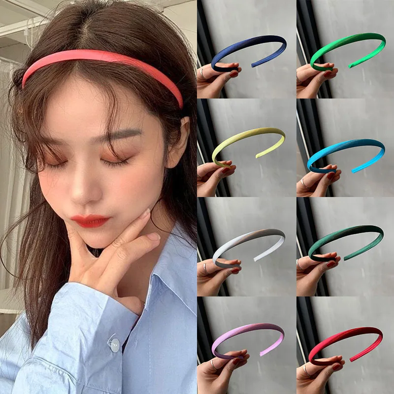 Yellow Blue Green Pink Satin Headband for Women girls Kids Hair band Solid Color Thin Elastic Hair Hoop Accessories Headpiece