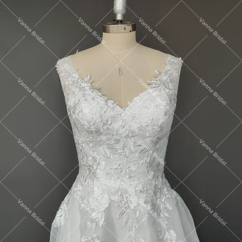 Vestido de novia con apliques de tul con cuello en V, fotos reales, espalda transparente, longitud hasta el suelo, encaje de princesa, lujo, sesión de fotos