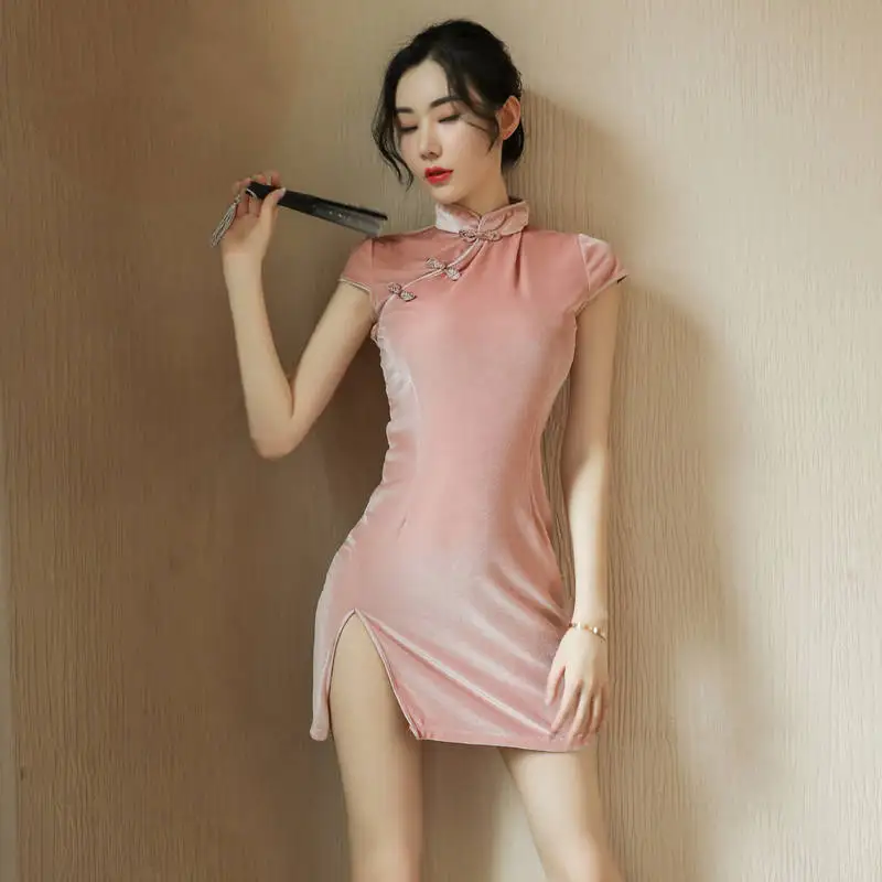 Fresh Girl Short-Sleeved Sexy Underwear Spring And Summer Dress t Split  Fashion Improved Temperament Slim Cheongsam Skirt