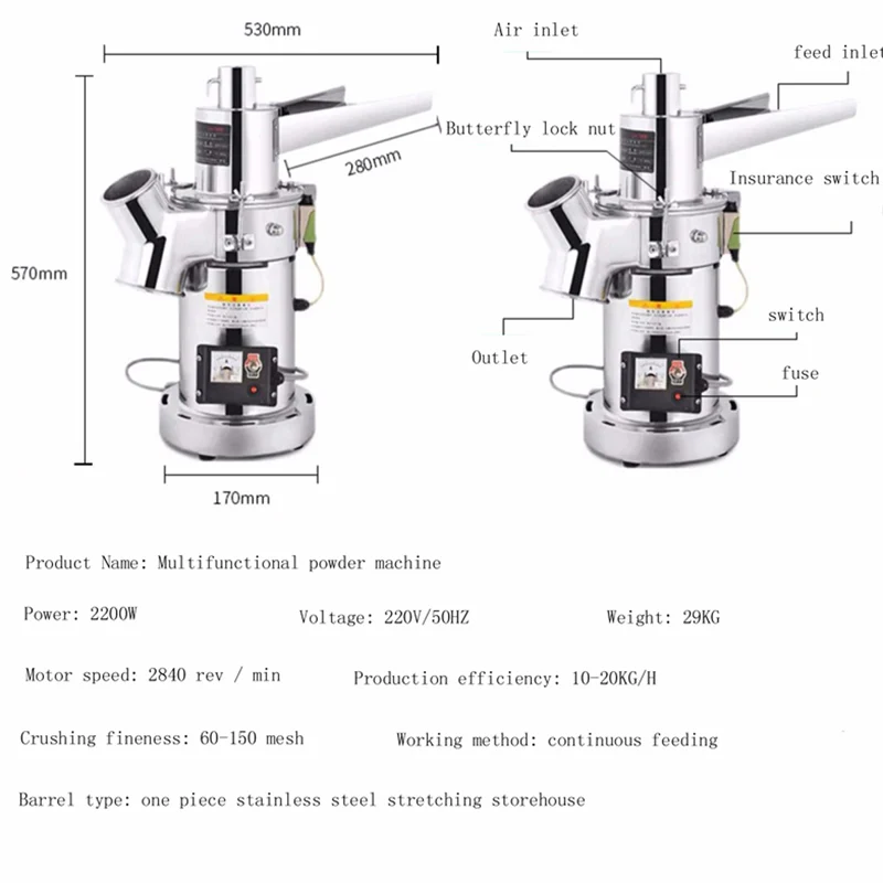 Portable Flowing Pulverizer High&speed Grinder For Traditional Chinese Medicine 20kg/h 220V Automatic Powder Machine