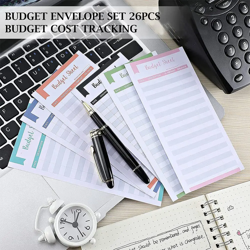 26 Pieces A6 Binder PVC Notebook Cover Budget Envelopes Planner Organizer with Binder Zipper Pockets, Budget Sheets & Ruler