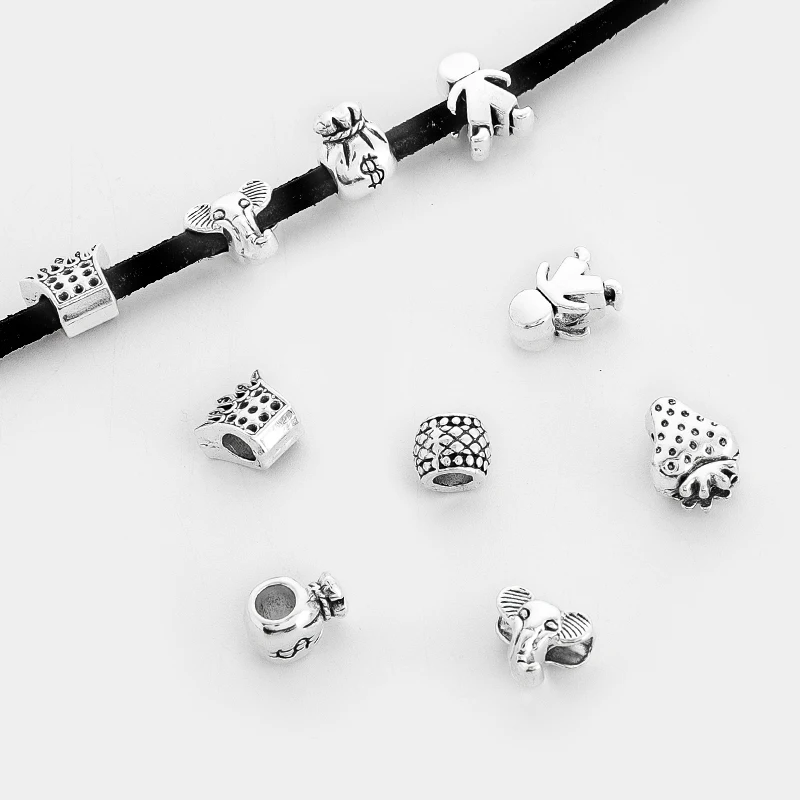 10Pcs Tibetan Silver Creative Elephant Fruit Shape Slider Spacer Beads For 4mm Leather Cord DIY Jewelry Necklace Bracelet Making