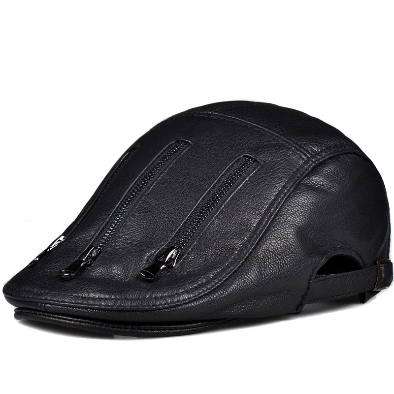 

Zipper Locomotive Bonnet Novelty Men Genuine Leather Beret Hat Male Fashion Thin Forward Caps Korean Black Casual Boina