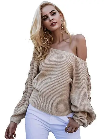 

Women's Sweaters Off Shoulder Lace Up Bat Sleeve Loose Knit Sweatshirt 2020 Autumn Fashion Youth Feminine Streetwear