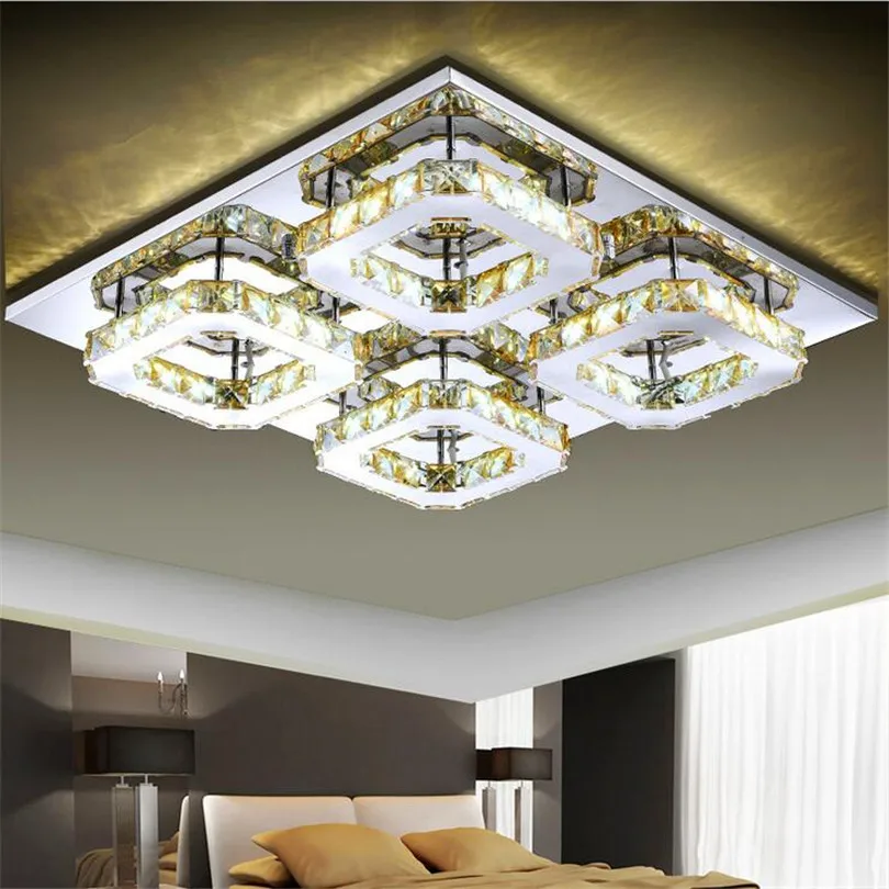 Modern  Amber/Clear Crystal Ceiling Chandelier Light Fixture Square Mirror Steel Indoor Ceiling Lamp Lustres  De Techo Lamparas