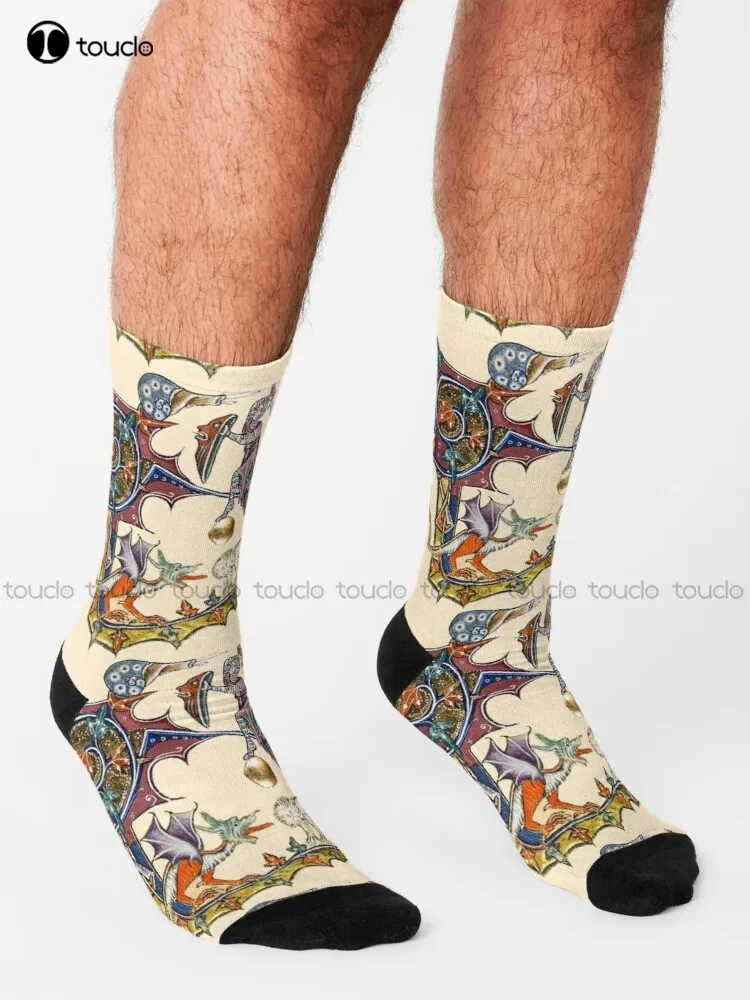 Medieval Knight Fighting Snaildragon And Lion Socks Girls Crew Socks Personalized Custom Unisex Adult Teen Youth Socks