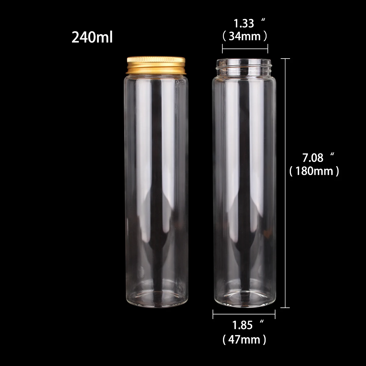 6pcs 240ml 47*180mm Glass Bottles with Golden Aluminum Caps Empty Storage Jars Pill Cointainer for Wedding Favors