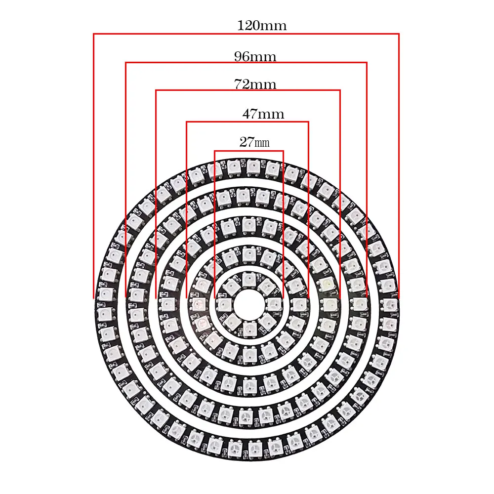 WS2812B RGB Full Color Round LED Módulo Círculo, Anel Pixel, endereçável, SMD 5050, WS2812 IC, 8, 16, 24, 35, 45 LEDs