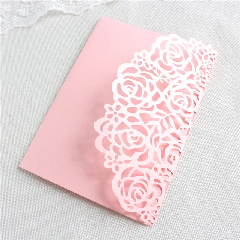 Romantic pink 3D wedding invitation card envelop rose laser cut hollow tri-fold pocket anniversary dinner party supply