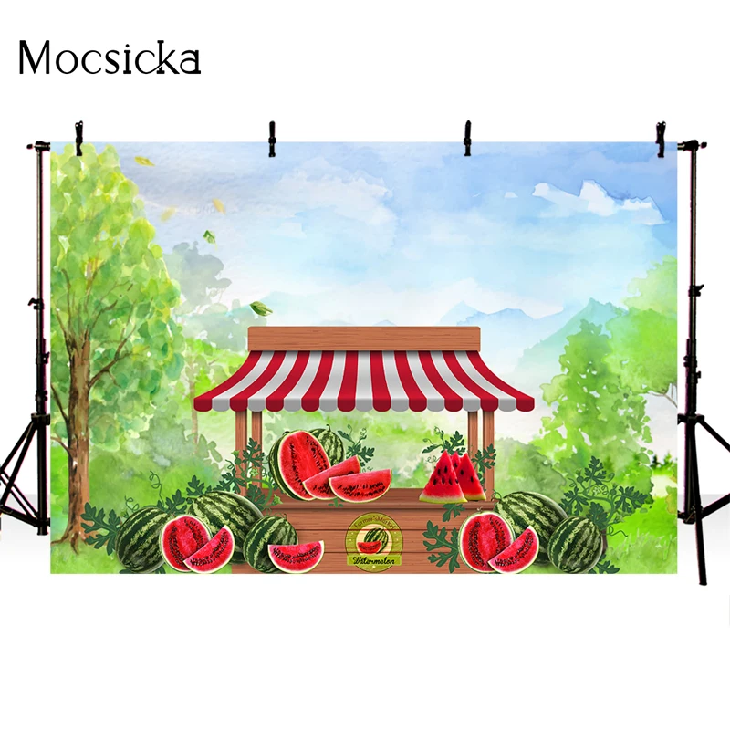 Mocsicka Summer Watermelon Stand Cake Smash Photography Backdrops Children First Birthday Photo Props Studio Booth Background