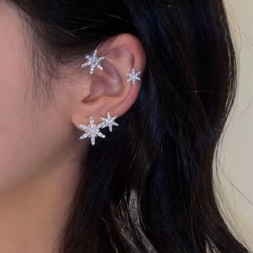 

2022 Bling Rhinestone Snowflake Star Non-pierced Ear Clips Earrings Jewrlry for Women Luxury Crystal Ear Hook Single Earrings