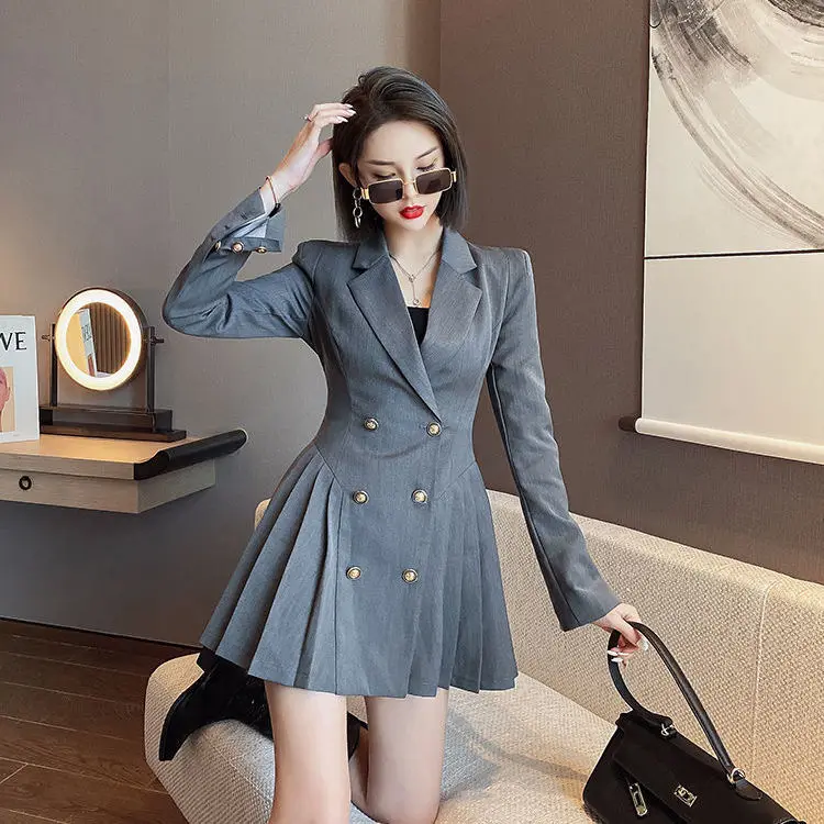 Vintage Elegant College Style Double Breasted Pleated Business Suit and Dress Women Dresses Vestido De Mujer Femme Robe