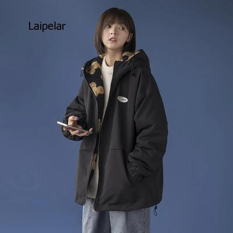 Hip Hop Lambswool Jacket Bear Print Double Side Wear Pullover Women Harajuku Street Wear Loose Couple Coat Outwear Winter