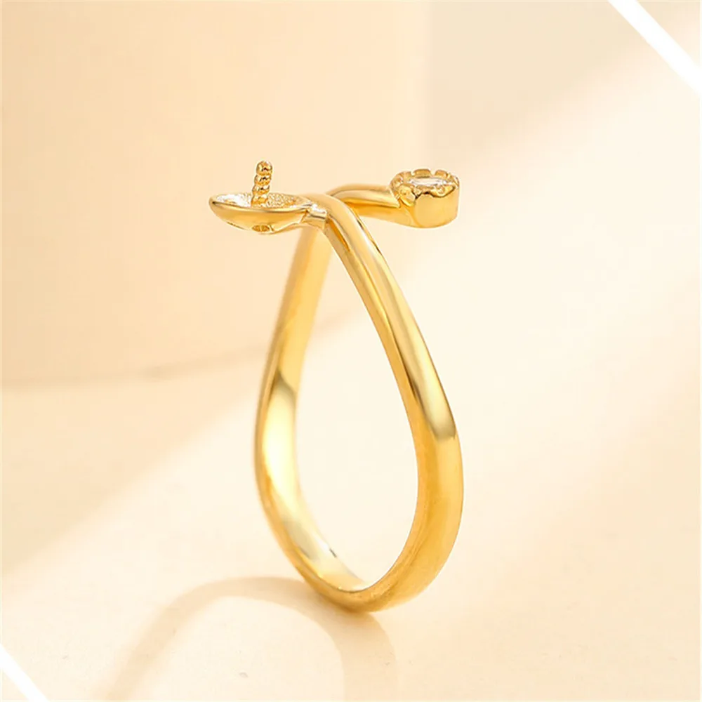 Ring Blank for 6mm-8mm Round Beads or Pearls Gold Plated 925 Silver Zircon Ring Setting Adjustable Ring Base SR0093