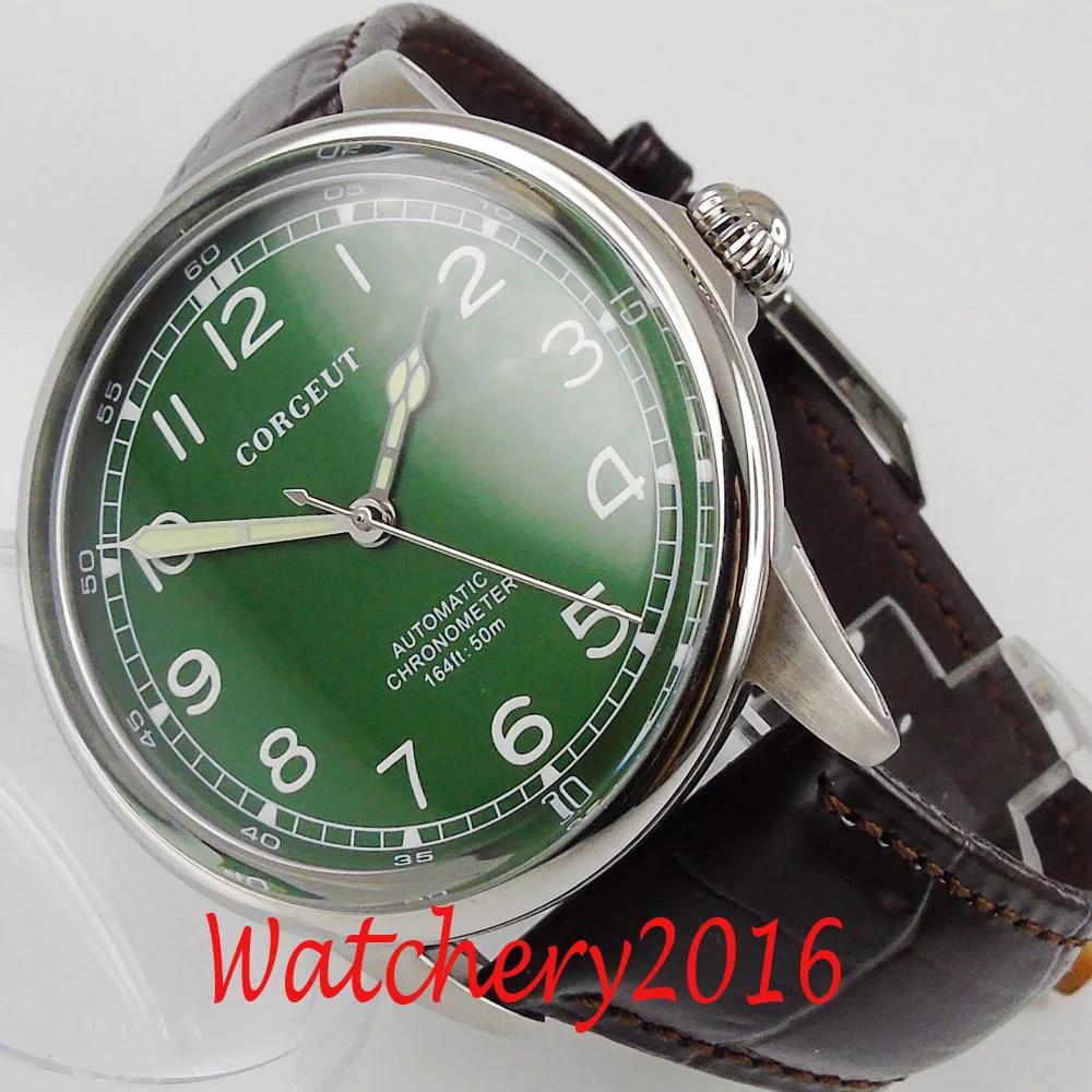 CORGEUT 41mm Green Dial Luminous Movement Automatic Mens Watch  Steel Case Leather strap