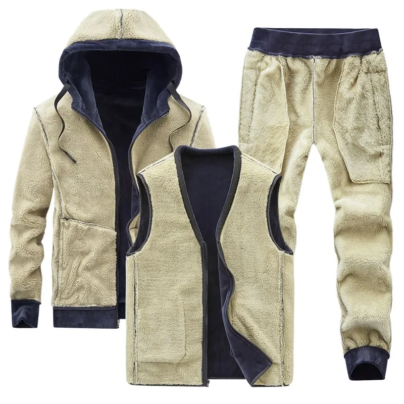 Winter Mens Tracksuit Thicken Fleece Velvet Sets Large Size L-8XL Casual Solid Men Three Piece Set Jacket Vest Pants Outfits New