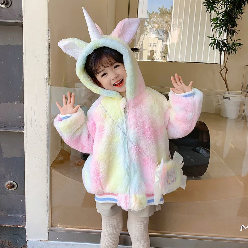 NEW Winter Jacket For Girls Cute Unicorn Colorful Coats Send Bag Fashion Children Outerwear Baby Kids Clothes Birthday Gift 2Pcs