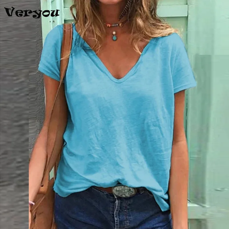 

2021 Women T-Shirts And Tops Summer Short Sleeve Basic Shirts Solid V-Neck Casual Loose Style Tee Plus Size Tops