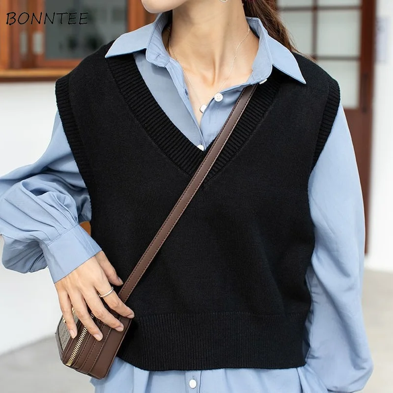 

Sweater Vest Women V-Neck Cropped Solid Comfortable Minimalist All-match Spring Autumn Knitting Female Clothing Korean Style New