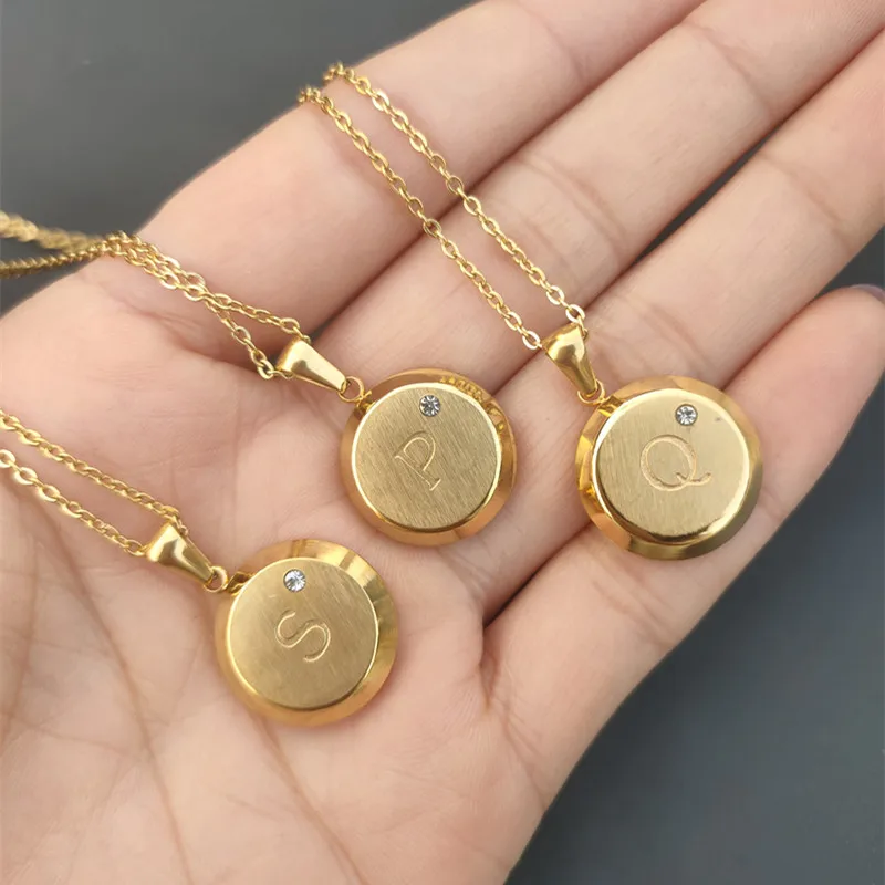 CZ Round Initials Necklaces Alphabet Jewelry Stainless Steel A -Z Letter Necklace Women Long Chain Pendant  Best Friend Gift