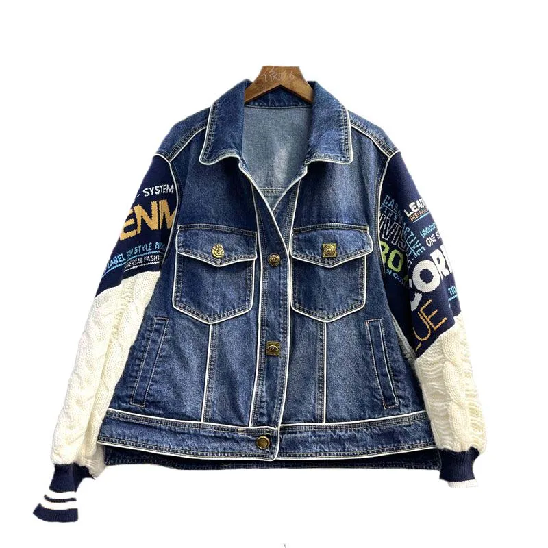 

Women Knit Sweater Stitching Long Sleeve Lapel Denim Jacket Coat Ladies New Korean Fashion Trendy Casual Jeans Jackets Outerwear