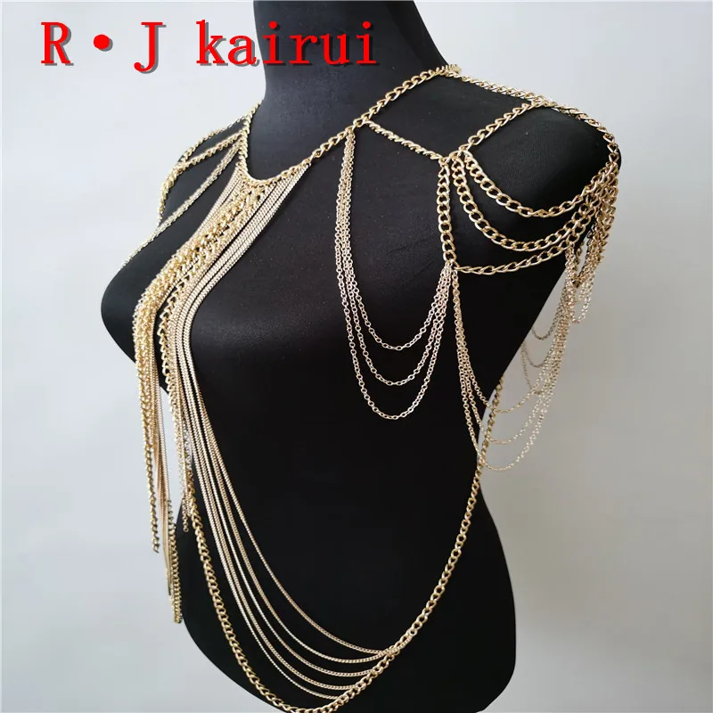 New Fashion B668 Women Punk Gold Colour Chains Jewelry Unique Design Neck Body Shoulder Chains Jewelry Top Costume Jewelry