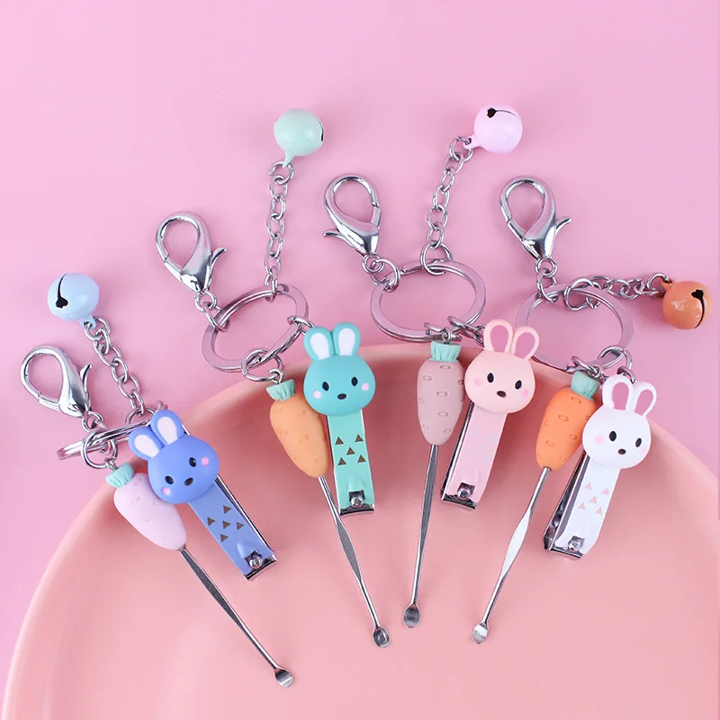 Cartoon Animal Nail Clipper Earpick Keychain Blue Green Pink White Rabbit Pendant Bag Car Keyring Lanyard Men Women Couple Gift