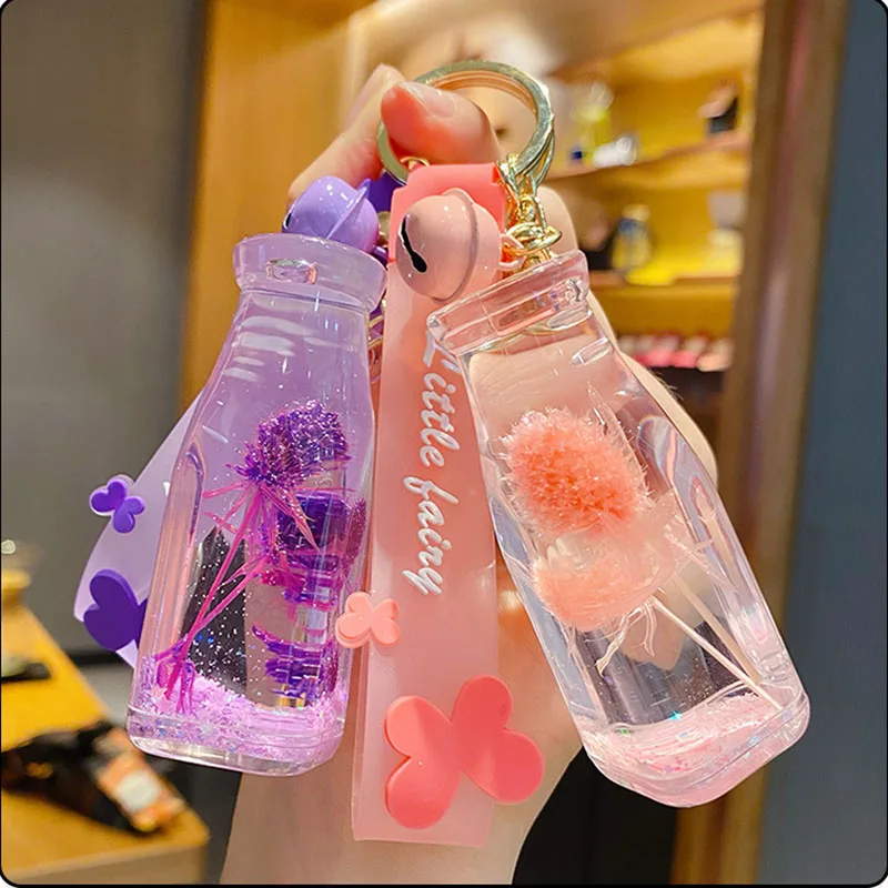 Creative Acrylic Liquid Floating Valentine Fruit Flower Key Chain For Lover Gift Cute Quicksand Sequins Keychain Key Bag Pendant