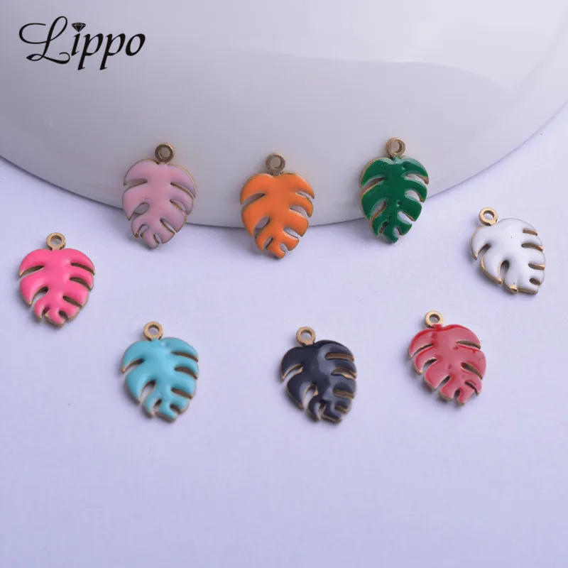 30pcs 9*13mm Both Faced Enamel Monstera Charms Copper Plant Leaf Pendant Diy Jewelry Making