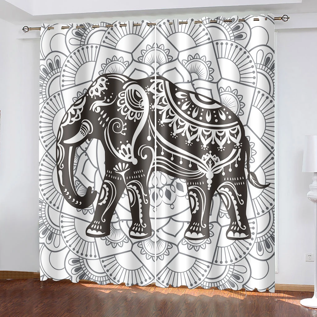 

Bohemian Elephant Printed Woven Curtains Two Independent Curtains on The Left and Right Blackout Curtains for Bedrooms