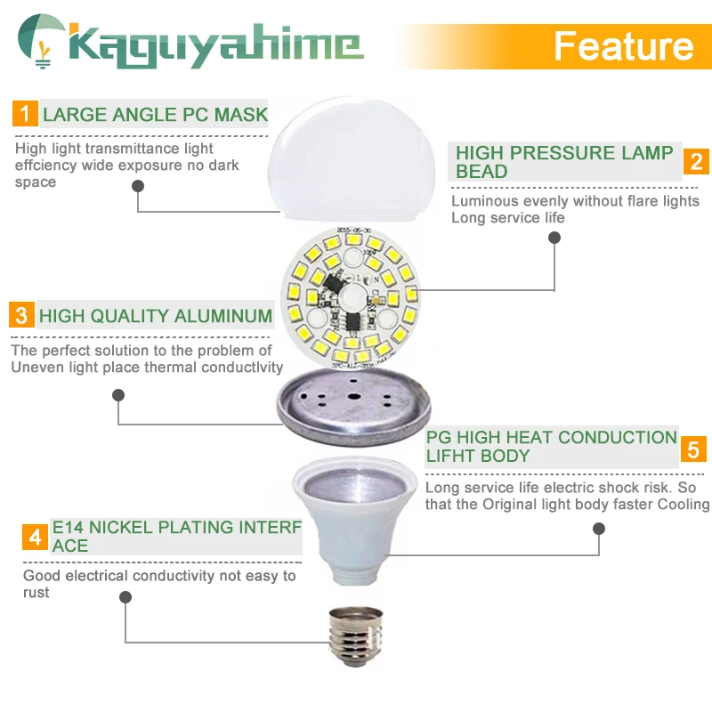 KPS 복합 알루미늄 LED 램프, 에너지 절약 앰플 스포트라이트, E27, E14 전구, 3W, 6W, 9W, 12W, 15W, 20W, 220V, 240V, 10 개