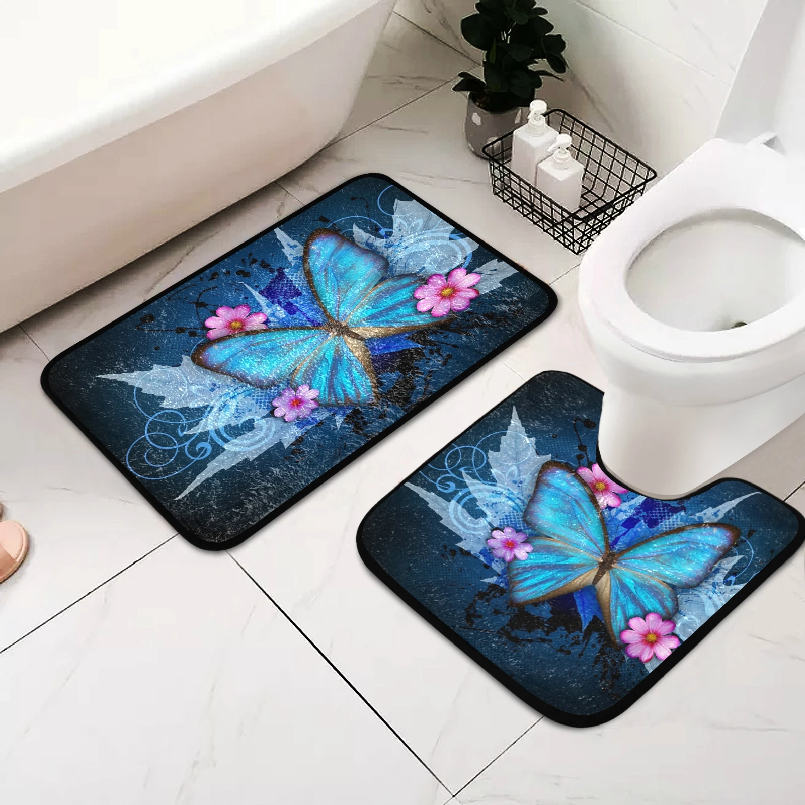 

Butterfly Over Flowers Toilet Bath Mat 2 Pieces Set Faux Plush Water Absorbent Non-slip Bathroom Shower Room Carpet Rug Sets