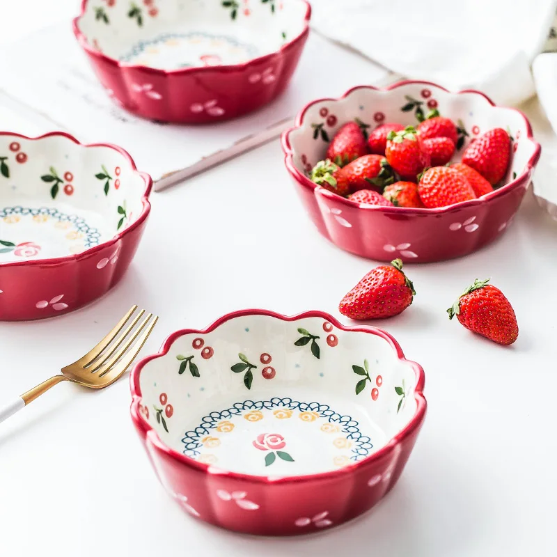 1pc Red Cherry Design Bowl Ceramic Salad Bowl Pasta Oatmeal Bowl Pudding Backing Bowl Microwave Safe Dinnerware