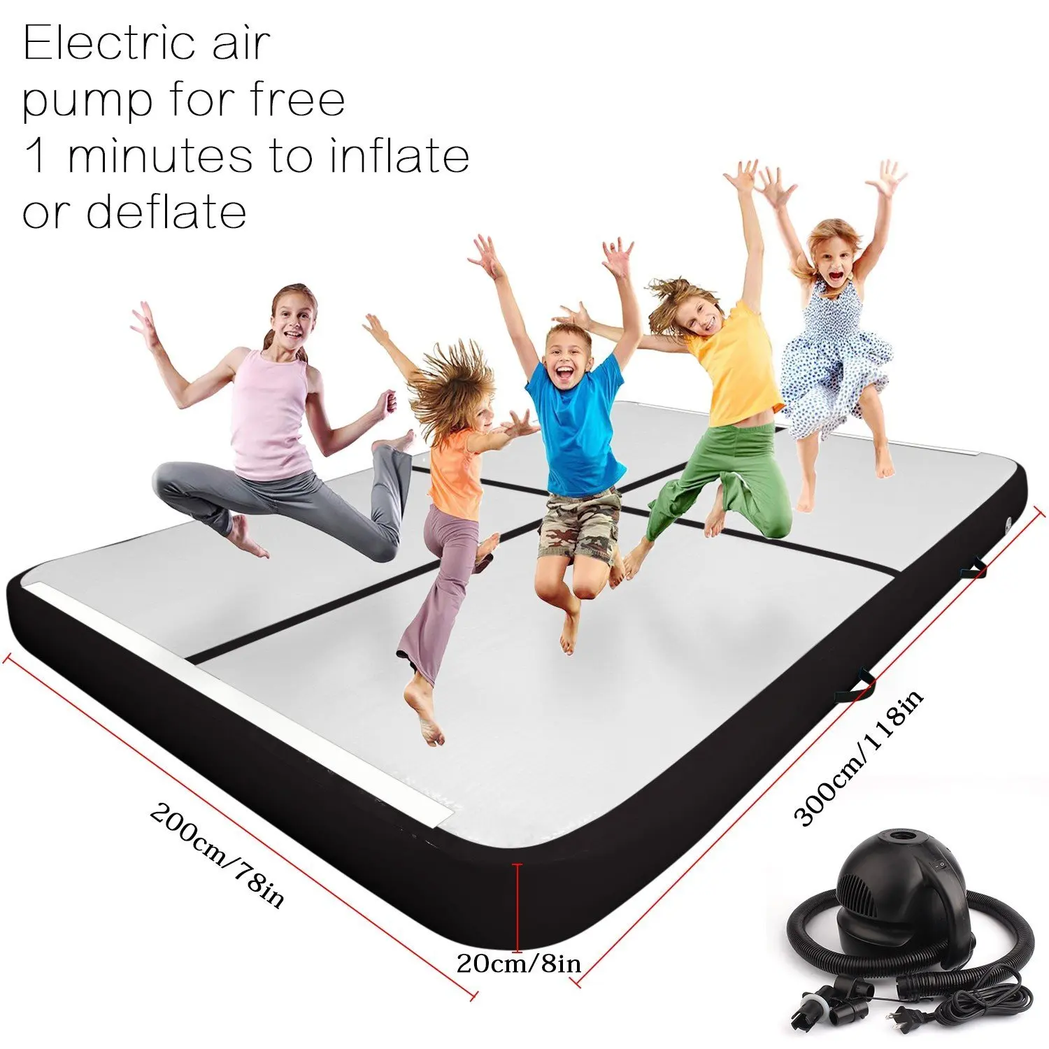 HIBADOU Air Track Gymnastik-Luftmatte, 3 x 2 x 0,2 m, Tumble Track Tumbling-Matte, aufblasbare Fußmatten mit elektrischer Luftpumpe – Detail 1