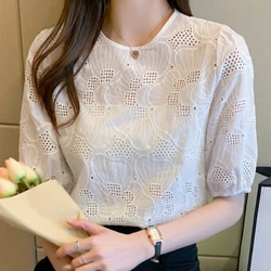 Summer Women White Blouse Tops Short Sleeve Hollow Chiffon Blouse Shirt Blouse Women Blusas Mujer De Moda 2024 Blouses Top E949