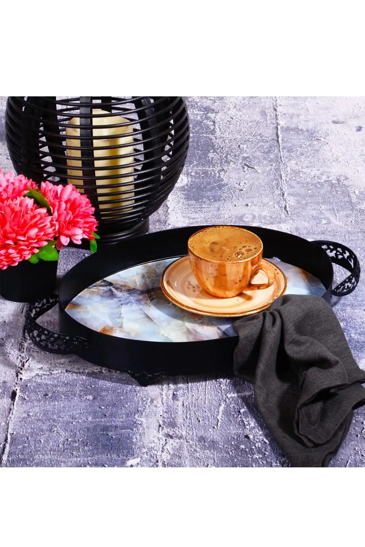 

DOLBOVI Black Oval Rainbow Aayaklı Handle service Serving tray 35 cm tray поднос plateau de service