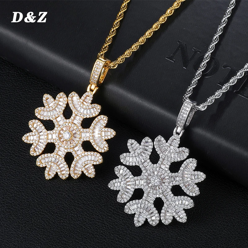 D&Z Iced Out Baguette Zircon Snowflake Pendant Necklace For Men Women Micro Paved AAA CZ Hip Hop Charm Jewelry Gift