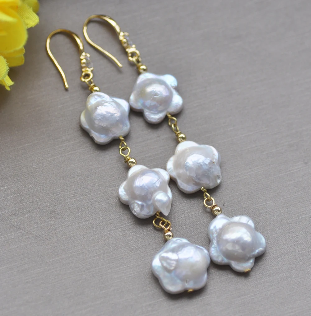 Z10771 3Row 16mm White Coin Plum-blossom Pearl Dangle Earring CZ