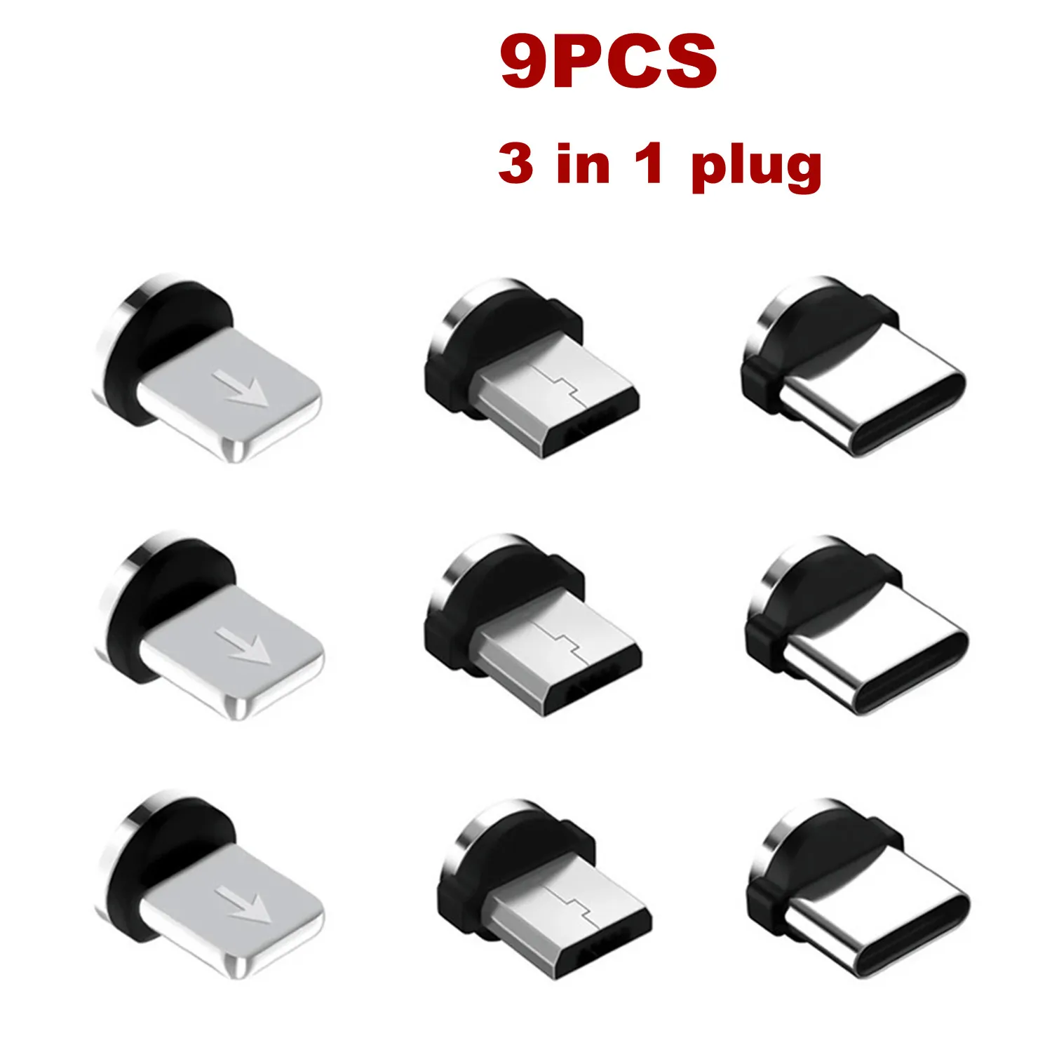 9 Pcs Magnetic Tips 3 IN 1 Plugs For iPhone Samsung Mobile Phone Replacement Parts Micro Converter Cable Adapter Type C Plug