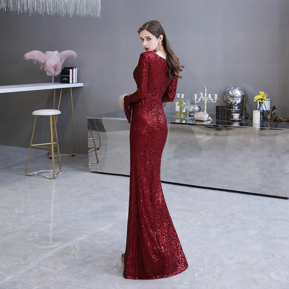 Customizd Dark Red Evening Dresses Gorgeous V-Neck Illusion Burgundy Sequin Pleated Long Sleeve Mermaid Formal Gown robe