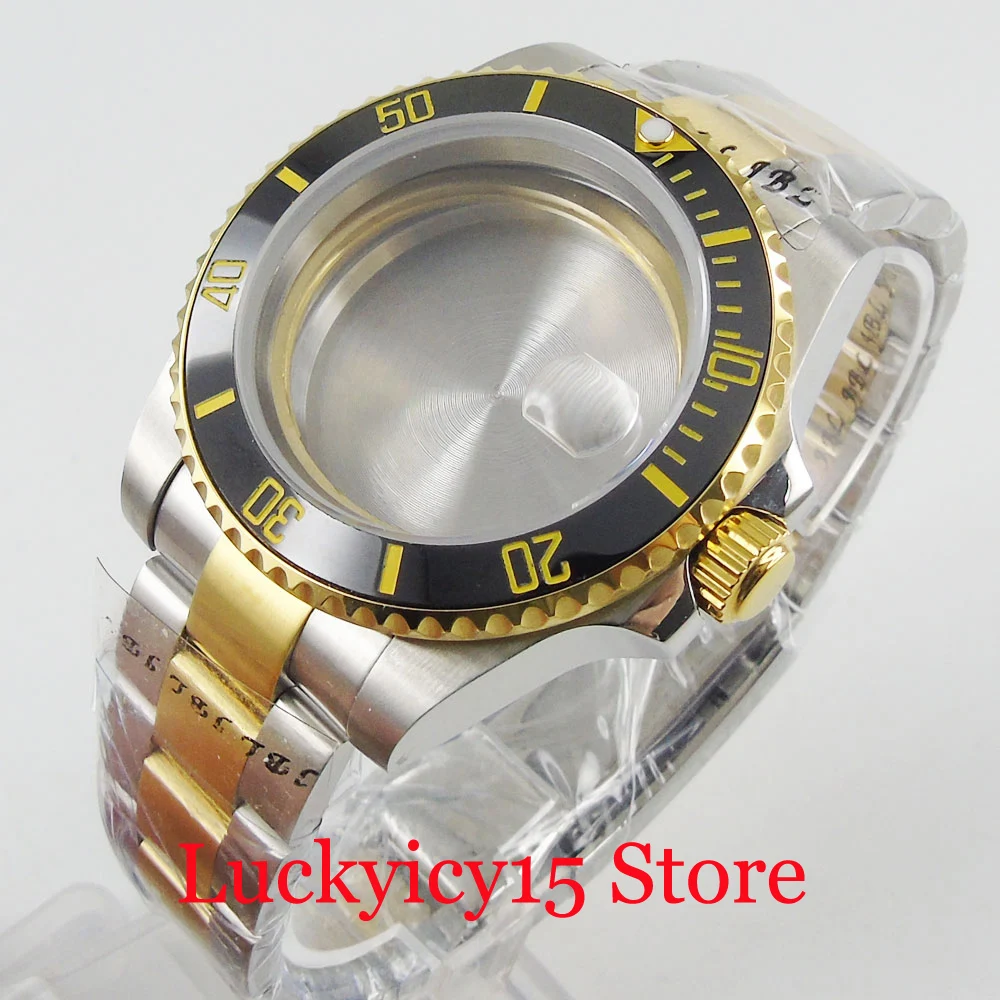 Gold Plated 40mm Watch Case Sapphire Glass + Watch Band Fit ETA 2836 MIYOTA Movement